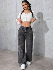 IDYLLIC Pantalones vaqueros cargo anchos para mujer de color gris, estilo casual y práctico, ideal para looks urbanos - Gris Oscuro - Ver 3