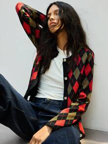 Maija 女士百搭格纹交叉针织几何图案开衫，适合通勤、商务、休闲、办公穿着，优雅女士服饰，冬季毛衣，圣诞节、新年派对，百搭外套 - 彩色 - 查看 2