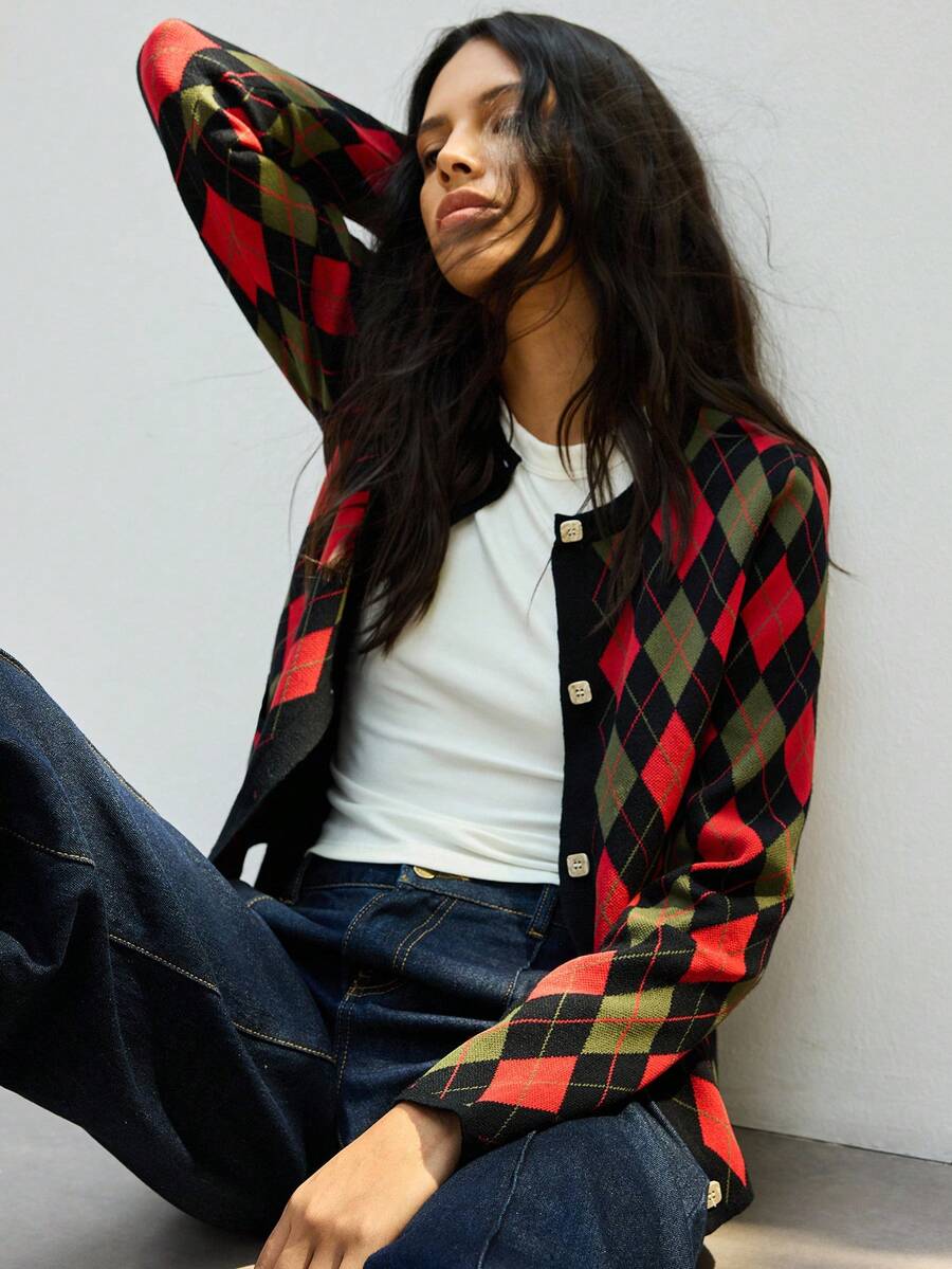 Maija 女士百搭格纹交叉针织几何图案开衫，适合通勤、商务、休闲、办公穿着，优雅女士服饰，冬季毛衣，圣诞节、新年派对，百搭外套