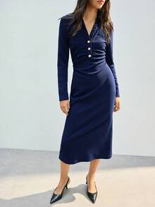 Maija Women's Solid Color Long Sleeve Button Half Placket Pleated Casual Mid-Length Dress - Navy Blue - View 7