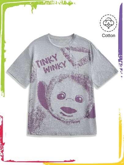 Teletubbies X ROMWE T-shirt ample à manches courtes, col rond, avec lettres et graphiques de dessins animés pour femmes
