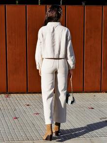 Yess Loren 女式休闲短款领上衣和宽松牛仔裤套装 - 卡其色 - 查看 2