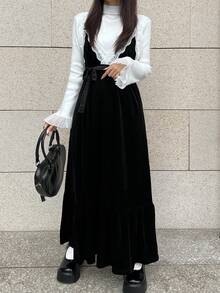 FRIFUL 女士纯色丝绒面料多层吊带腰带束腰长款喇叭裙摆蕾丝褶皱荷叶边宽松休闲百搭长裙，秋冬款 - 黑色 - 查看 1