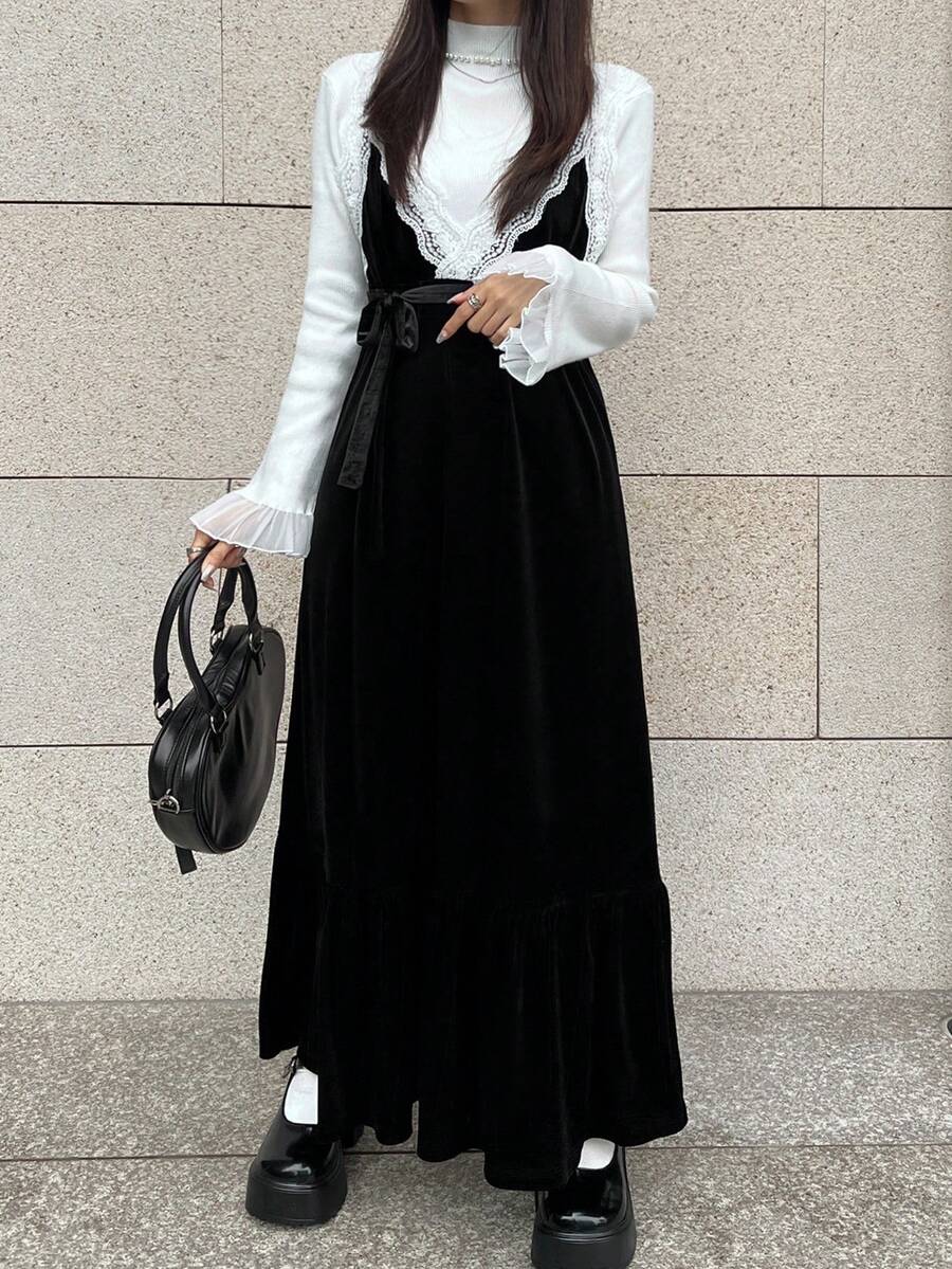 FRIFUL 女士纯色丝绒面料多层吊带腰带束腰长款喇叭裙摆蕾丝褶皱荷叶边宽松休闲百搭长裙，秋冬款 - 黑色 - 查看 1