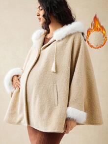 Boho Mama Pregnant Women's Casual Warm Patchwork Faux Fur Trim Hooded Loose Jacket, Winter  Women's Winter Coat