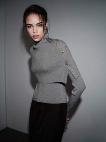SHEIN Luminelle 全新女式金属纽扣装饰长袖针织毛衣斗篷 - 灰色 - 查看 3