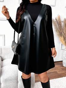 SHEIN Frenchy فستان بياقة على شكل حرف V بدون أكمام ولباس علوي بأكمام طويلة مجموعة كاجوال بقطعتين للمقاسات الكبيرة - الأسود - مشاهدة 3