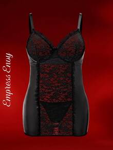 SHEIN Abito da lingerie aderente con corpetto con ferretto, pizzo e inserti traforati, serie Charm per taglie comode, con perizoma incluso - nero - Visualizzare 1