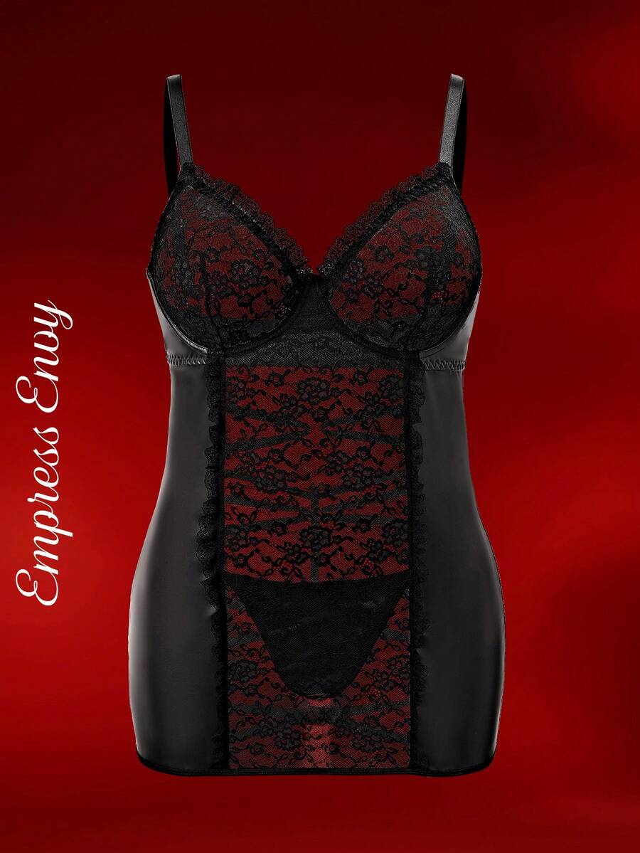 SHEIN Abito da lingerie aderente con corpetto con ferretto, pizzo e inserti traforati, serie Charm per taglie comode, con perizoma incluso - nero - Visualizzare 1