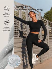 GLOWMODE Swift Seamless Cropped Length Long Sleeve Thumbholes Top Running Jogging Training Gym Workout - Black - View 5