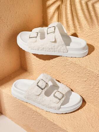 HighSole Sandalias casuales de mujer con diseño de hebilla y piel sintética