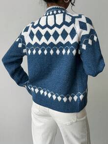 Flirla Women's Vintage Fair Isle Pattern Cardigan Sweater, Fashion Versatile Commute Casual Loose Fit Autumn/Winter - Navy Blue - View 2