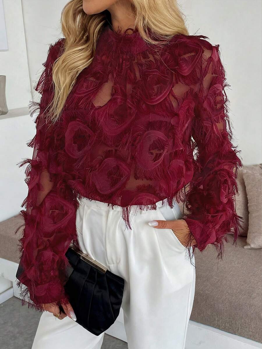 Rafferiza Women's Fashionable Black Fluffy Long Sleeve Shirt - Burgundy - View 1