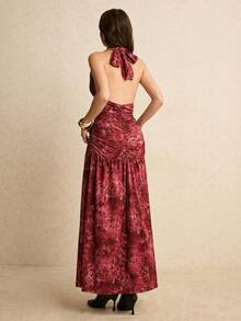 Poéselle Women's Elegant Burgundy Floral Halter Maxi Dress,Summer Dinner Date Ruched Waist Side Slit Boho Brocade Jacquard Long Banquet Winery Evening Gown - Coral Pink - View 8