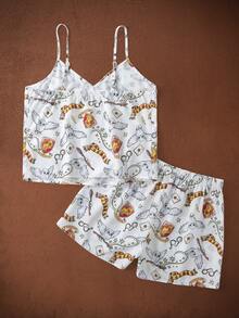 HARRY POTTER X SHEIN Women's Summer Owl All-Over Print Cami Top And Shorts Pajama Set - White - View 2
