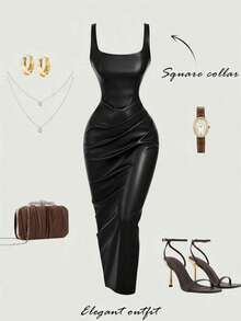 SHEIN MOD Große Größen PU-Leder Damen Braun Kleid, Cocktailkleider für Damen, Geburtstagskleid für Damen, Winterkleid, Herbstkleid, elegante Kleider für Partys, Abendkleid, Chic Hochzeitskleid - Schwarz - Übersicht 3