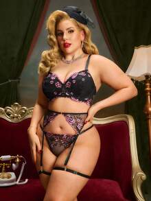 Plus Size Black & Purple Embroidered Floral Patchwork Milk Silk Sexy Lingerie Set With Embroidered Waist Band And Leg Rings, 3-Piece - Black - View 4