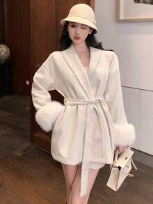 DAZY 女士羊毛大衣，配有毛绒拼布纯色抽绳腰带，适合情人节夹克 - 米色 - 查看 3