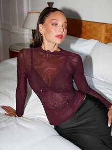 Lavishia Women's Elegant Vintage Burgundy Polka Dot Sheer Mesh Stand Collar Long Sleeve Fitted Knit Top,Autumn Night Out Party Christmas New Year Sequin Top - Burgundy - View 3