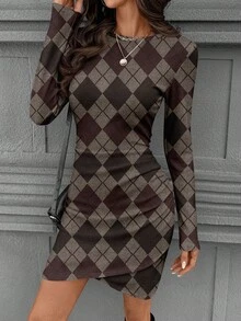 SHEIN LUNE Váy ngắn tay dài bo gấu eo ôm sát thanh lịch dành cho nữ, mùa thu/đông - Nhiều màu - Xem 6