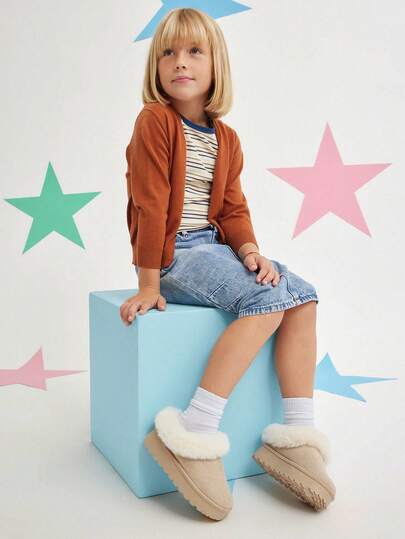 Mini mi CozySteps รองเท้าเด็กทำจากผ้าลูกฟูกสีเบจ ส้นตึก มีปลอกคอขนปุย – สไตล์อบอุ่นและสบาย สำหรับการผจญภัยในชีวิตประจำวัน