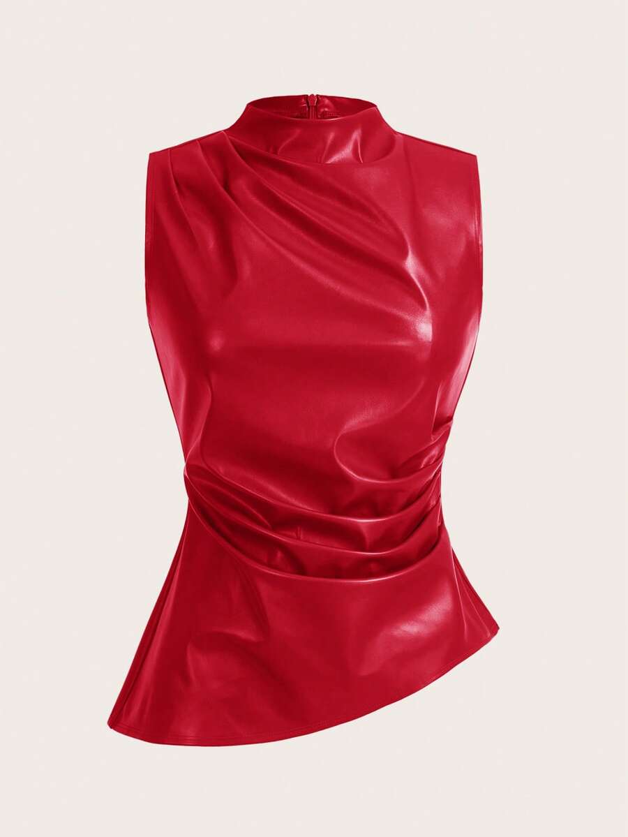 SHEIN Essnce Women's Casual Fashion 90s Street Shooting Spring Autumn Solid Color Pleated Collar PU Tank Top, Sleeveless Tops, Going Out Top, Fall Women Tops - Red - View 1