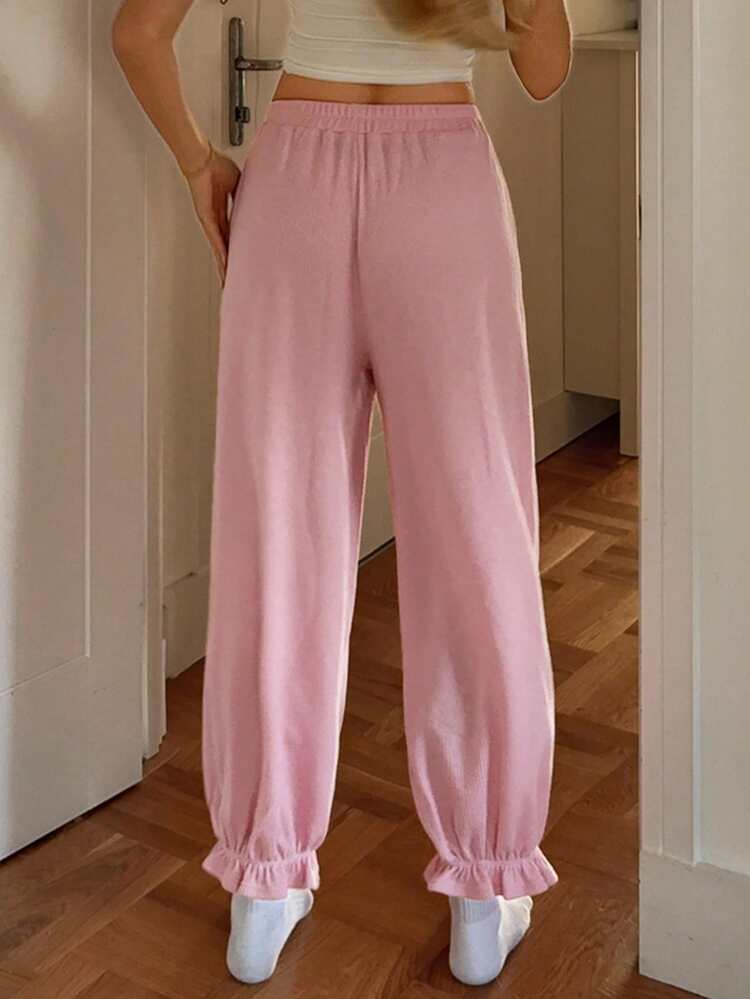 Women's Loose Fit Solid Color Ruffle Hem Pajama Bottoms