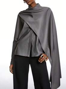 LYSMO Chemise ample à manches longues, col simple et plissée, couleur unie pour femmes - Kaki - Voir 3