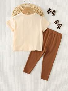 Cozy Pixies 2pcs Baby Girl Butterfly Knit Soft Round Neck Short Sleeve Top And Elastic Waist Pants Set - Brown - View 2