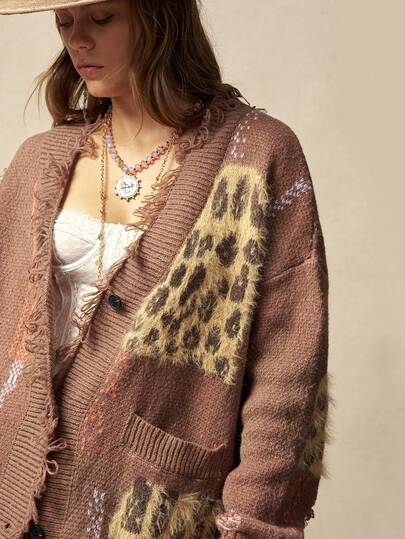 Bohemela 女士豹纹拼接复古风长袖开衫毛衣