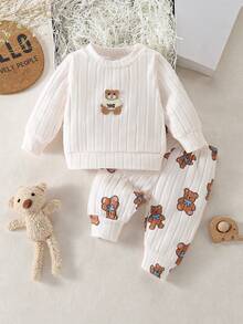 Newborn Apricot-Colored Bear Figurine Printed Long-Sleeved Top Matched With Printed Pants, 2 Pieces Set. New Autumn Style. Comfortable Fabric, Cute And Casual Style. Boys And Girls Can Wear It - Apricot - View 3