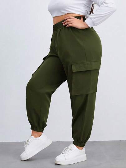SHEIN EZwear Plus Size Women Casual Everyday Commute Fashion Street Chic Minimalist Solid Military Green Flap Pocket Cargo Pants Plus Size Cargo Pants Women Parachute Pants For Women Pants With Pockets Cargos For Women Joggers Plus Size Autumn/Winter,Christmas,New Year,Thanksgiving,Party,Wedding,Beach,Graduati,Chic,Elegant,Casual,Going Out,Date,Appointment,Commute