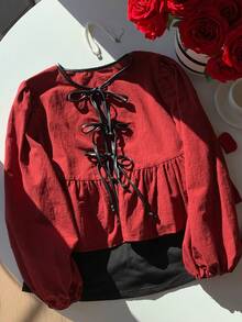 Comfortcana 女士休闲宽松衬衫，前系带，灯笼袖，荷叶边下摆 - 酒紅色 - 查看 4