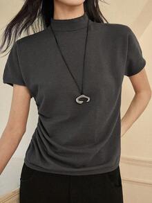 Dazy-Less Pulover pentru femei, casual, de zi cu zi, simplu, cu guler înalt, mânecă scurtă, cu model încrețit, toamnă/iarnă - Gri - Vizualizare 1