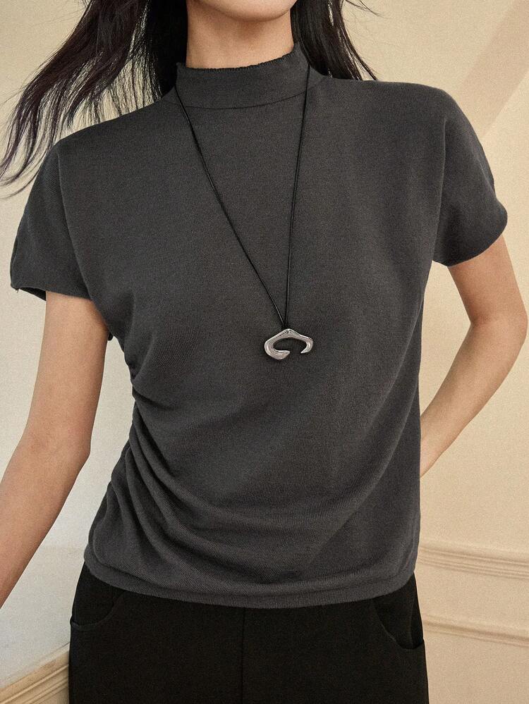 Women's Casual Everyday Commute Simple Solid Color Stand Collar Short Sleeve Ruched Fitted Sweater, Autumn/Winter Business Casual Woman