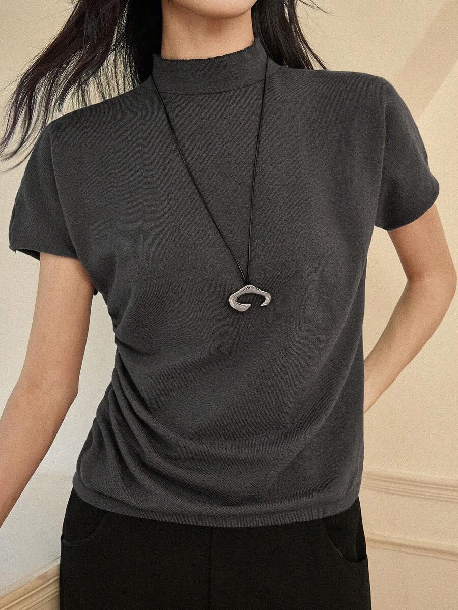 Dazy-Less Pulover pentru femei, casual, de zi cu zi, simplu, cu guler înalt, mânecă scurtă, cu model încrețit, toamnă/iarnă - Gri - Vizualizare 1