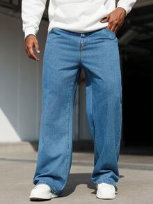 Manfinity Homme Plus Size Men's Loose Fit Pockets Casual Wide Leg Jeans Cowboy Jeans Baggy Blue Jeans Men - Blue - View 5