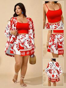 SHEIN Clasi 大码女装夏季畅销款中式彩色花卉复古印花长袖开衫，搭配蓝色针织抹胸上衣和松紧腰宽松短裤，春夏休闲两件套 - 彩色 - 查看 1