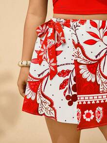 SHEIN Clasi 大码女装夏季畅销款中式彩色花卉复古印花长袖开衫，搭配蓝色针织抹胸上衣和松紧腰宽松短裤，春夏休闲两件套 - 彩色 - 查看 6