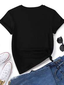 EMERY ROSE 女士休闲字母印花圆领T恤，夏季 - 黑色 - 查看 2