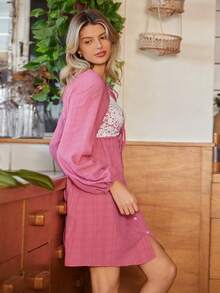 Lullawish Camisón largo de manga larga con parches de color contrastante y lazo para mujer, vestido de casa, lencería de encaje, ropa de dormir tipo babydoll con botones delanteros, para invierno - Rosa vieja - Ver 4