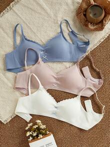 少女内衣文胸，无钢圈轻度支撑，罗纹面料，可调节肩带，扇形边蕾丝前片，三色套装，四季皆宜，2026新年必备单品