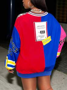 Slaydiva 秋冬新款女装，适合万圣节、圣诞节、新年、感恩节、生日等场合——休闲街头字母图案V领长袖撞色卫衣，彩色涂鸦街头字母印花时尚大码卫衣——粉色印花T恤，Y2K可爱上衣，Y2K印花露脐上衣，夏季露脐印花衬衫，Y2K街头服饰 - 彩色 - 查看 3