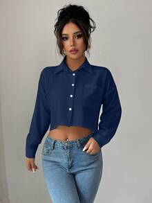 Elenzga بلوزة نسائية بأكمام طويلة وياقة مستديرة وأكتاف منسدلة - أزرق غامق - مشاهدة 6