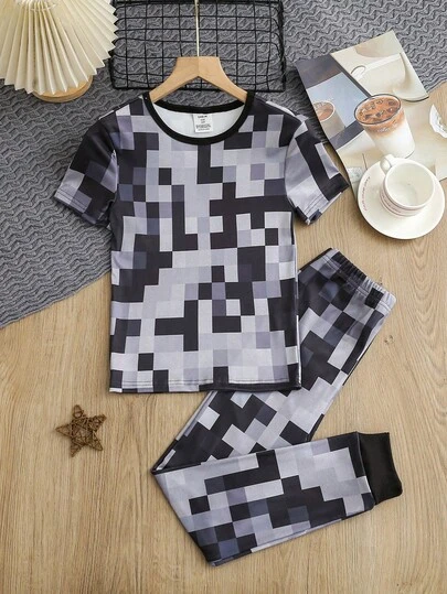 Tween Boys Snug Fit Pixel Block Loungewear Set - Gray Black Pixel Block Loungewear 2-Piece Combo Pixel Block Design Gray Black Modern Color Short Sleeve Pixel Block Loungewear Set 2-Piece Combo Social Media Style Pixel Block 2026 New Year Holiday Essential Four Seasons Tween Boys Pixel Block Loungewear Set Boys Lounge Set Boys Two Piece Set Boys Outfit Sets