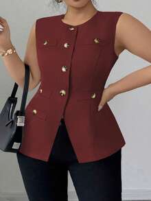 Elenzga Plus Size Woven Fabric Elegant Sophisticated French High-End Minimalist Versatile Comfortable Open Front Fitted Waist Sleeveless Blazer For Women, Summer - Burgundy - View 3