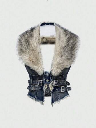 Hippie Y2K Damen Denim Jacke mit abnehmbarem Kunstfell-Kragen