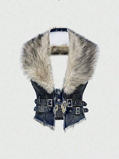 Hippie جاكيت جينز للنساء مع طوق فرو اصطناعي قابل للإزالة