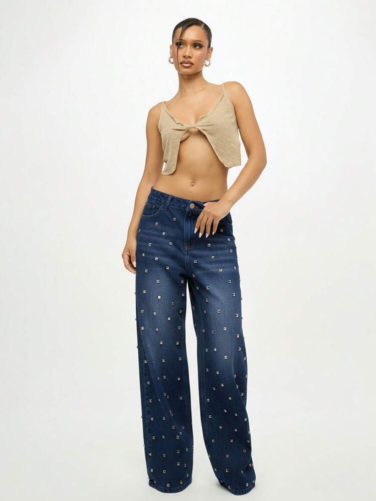 SUMWON WOMEN Studded Wide Leg Baggy Denim Jeans