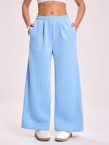Sovereign Charm Women's Casual Outdoor Fitness Running Loose Wide Leg Long Yoga Sweatpants With Side Pockets And Drawstring Waist, Autumn/Winter Wide Leg Sweatpants Flare Pants Women Flare Sweat Pants Wide Leg Pants Women Palazzo Pants Women - Baby Blue - View 7